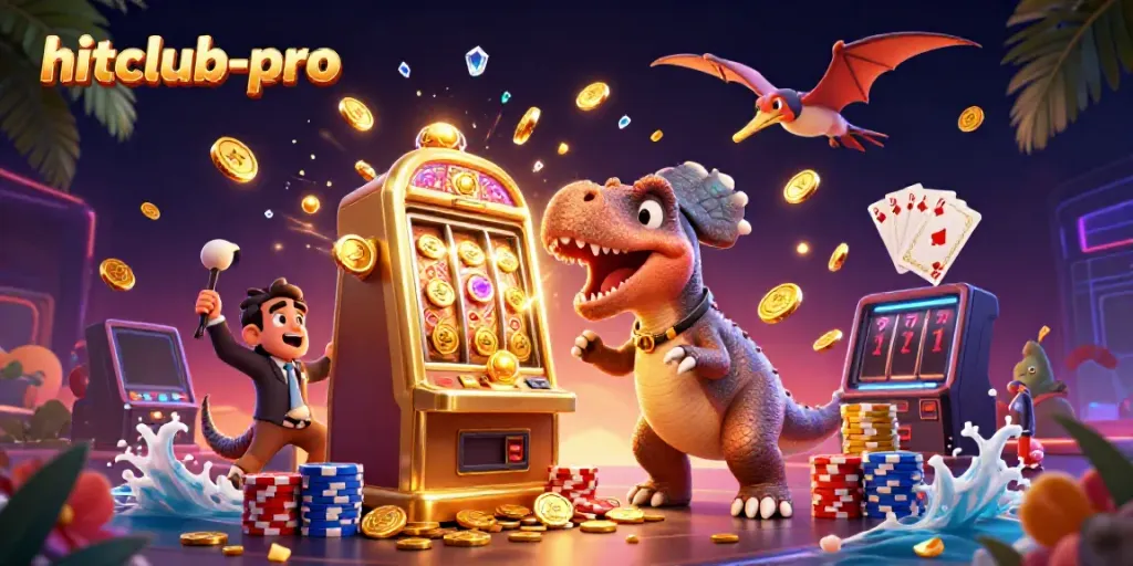 Catch jackpots with hitclub-pro as whimsical dinosaurs play in a vibrant casino scene.