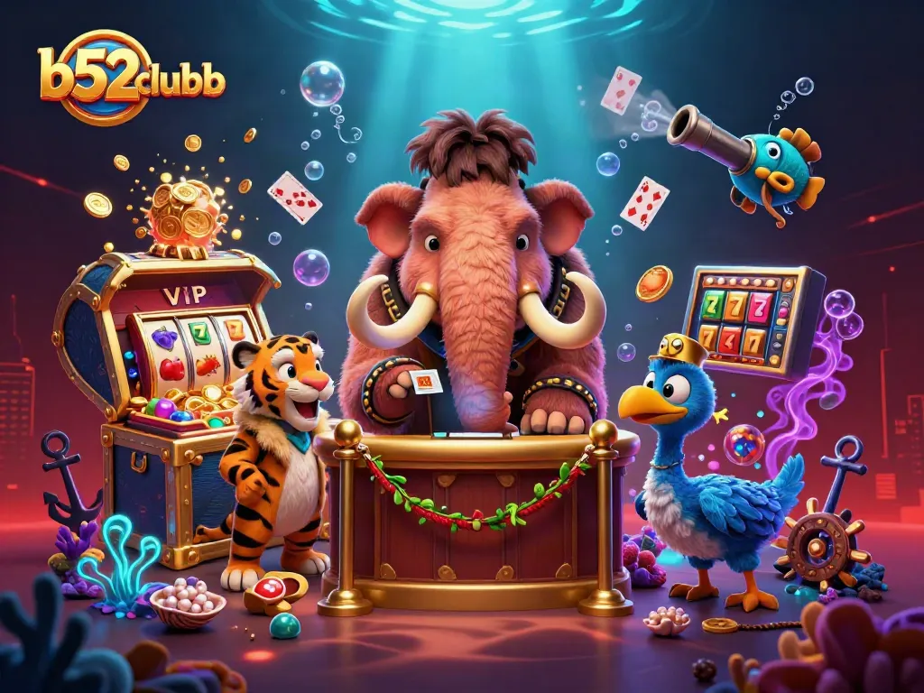 Engage with b52clubb’s vibrant casino scene featuring a woolly mammoth bouncer, slot reels, and rich treasures.