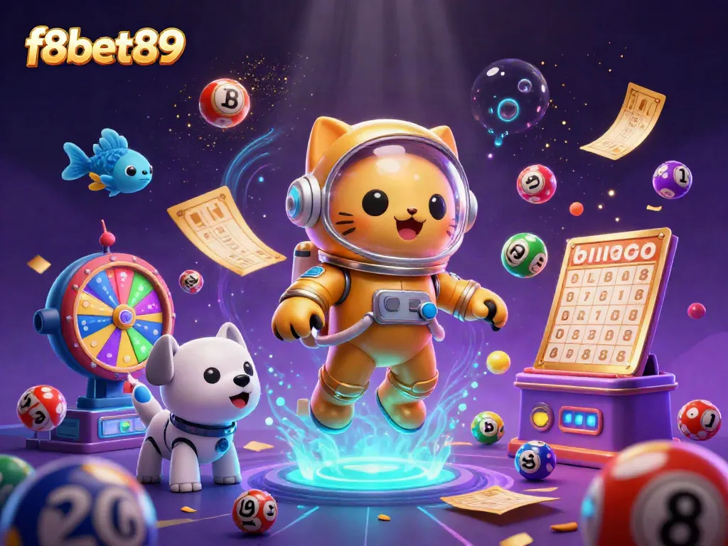 Join the fun at f8bet89 with this vibrant scene of a space cat and robot dog in a cosmic casino!