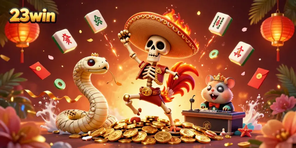 Experience the vibrant celebration of 23win with a lively skeletal mariachi rooster dancing on coins amidst gaming elements.