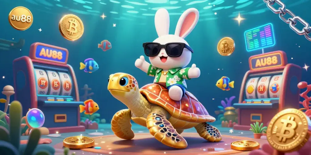 Experience thrilling gaming adventures with au88's vibrant illustration featuring a lucky rabbit and golden sea turtle.