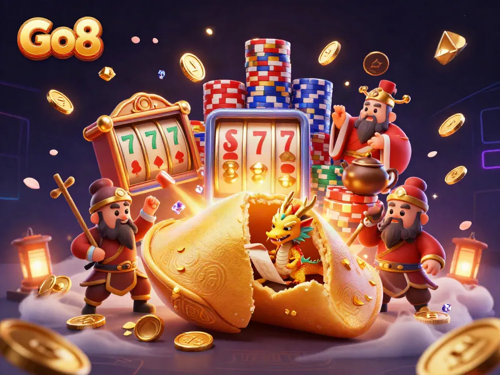 Experience the thrill of Go8 with a vibrant casino scene of golden coins and characters.