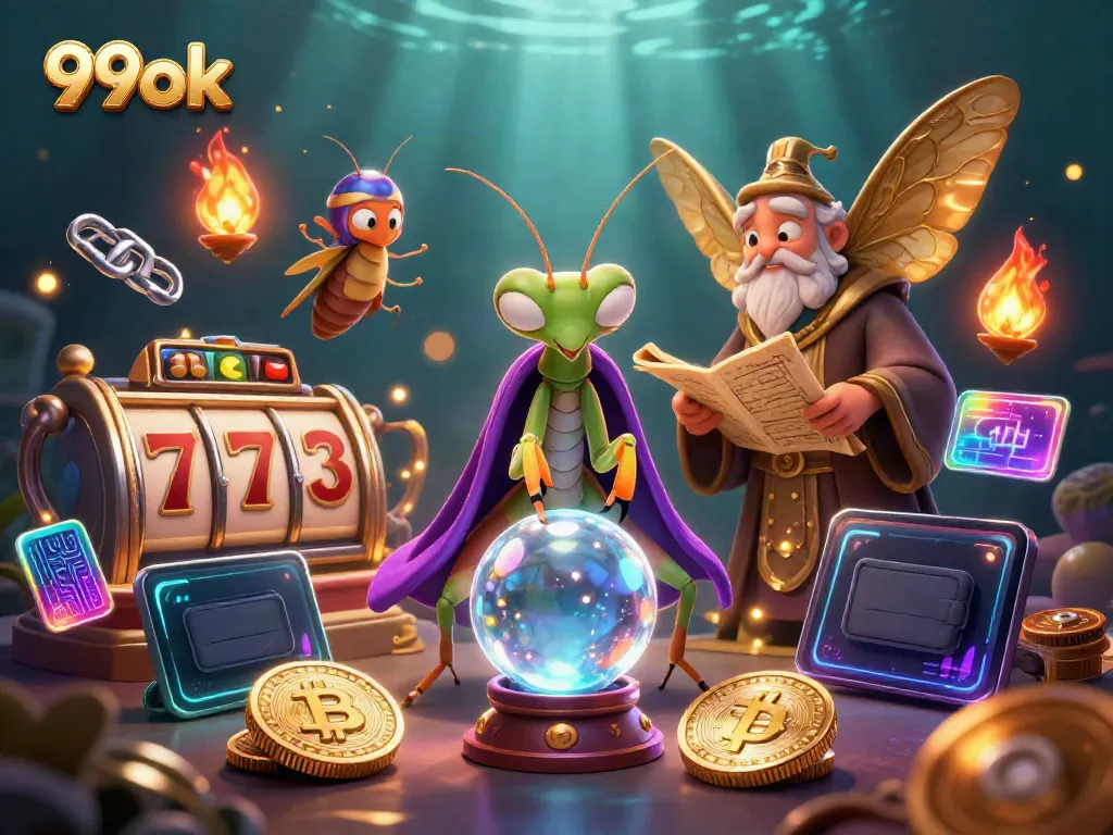Experience the excitement of 99ok with a vivid illustration of a fortune teller and a wise moth surrounded by casino symbols.