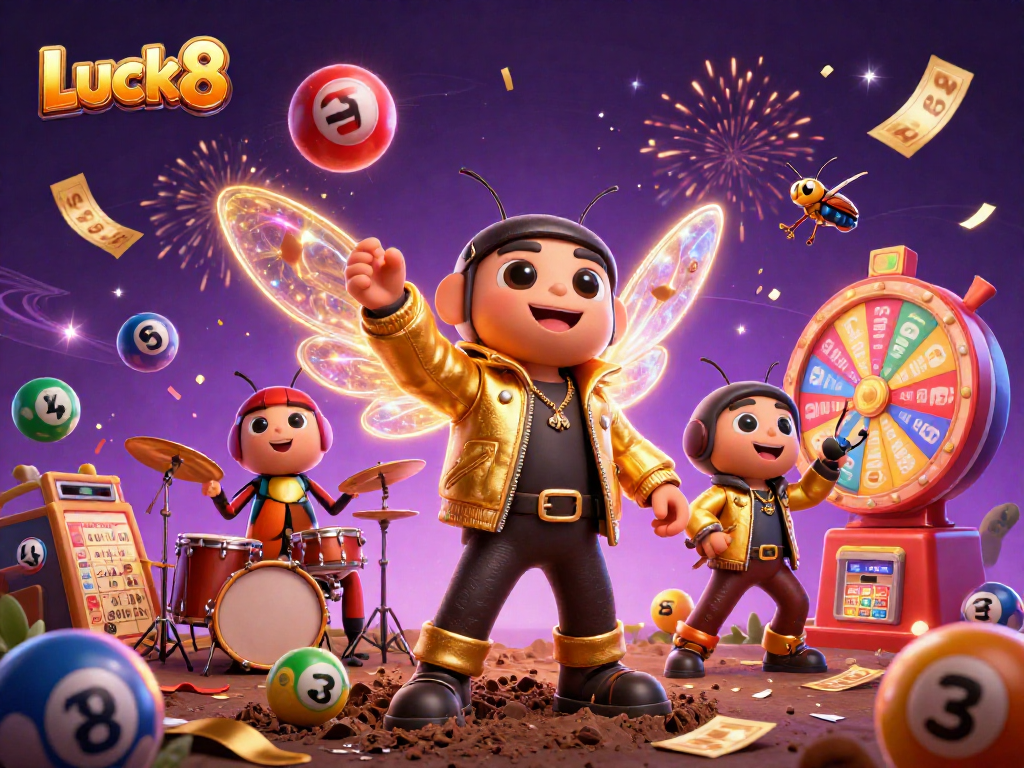 Luck8 enhances the gaming experience with vibrant characters and dynamic casino elements in a festive atmosphere.