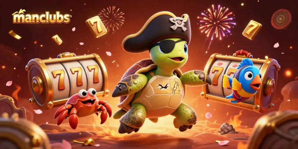 Engage in thrilling gameplay at manclubs with a pirate turtle and vibrant slot reels in a festive casino atmosphere.