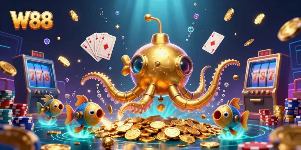 W88 immerses players in a vibrant 3D casino world filled with golden coins and casino elements.