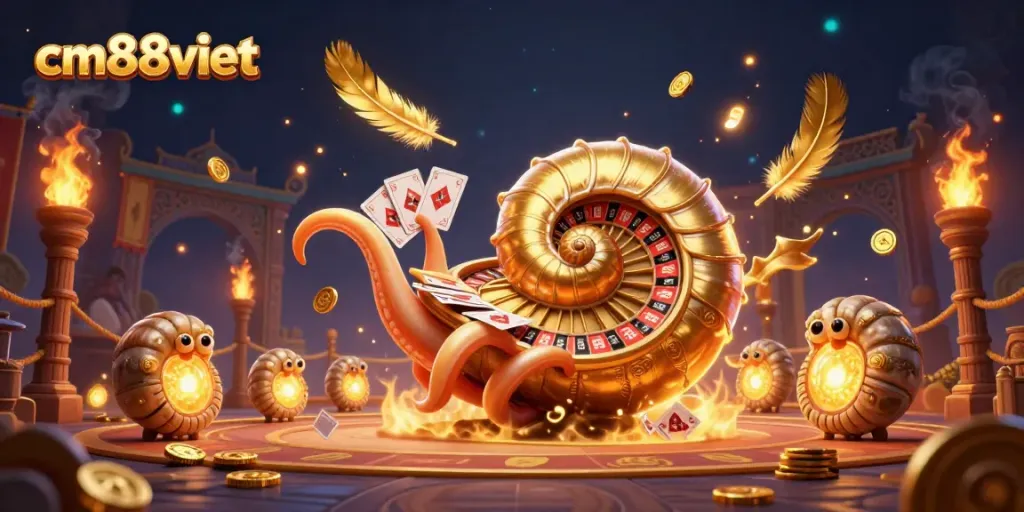 Engage in thrilling gameplay at cm88viet's casino featuring a golden nautilus roulette wheel and glowing cards.