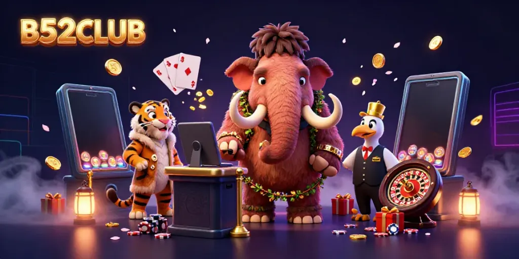 B52CLUB casino illustration featuring a bouncer checking IDs, unique gambling elements, and vibrant details.