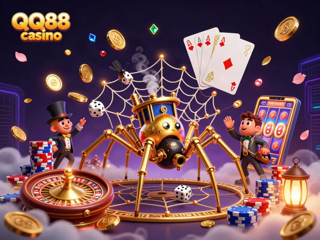 Engage with QQ88 casino's immersive gaming experience featuring steampunk characters and dynamic elements.