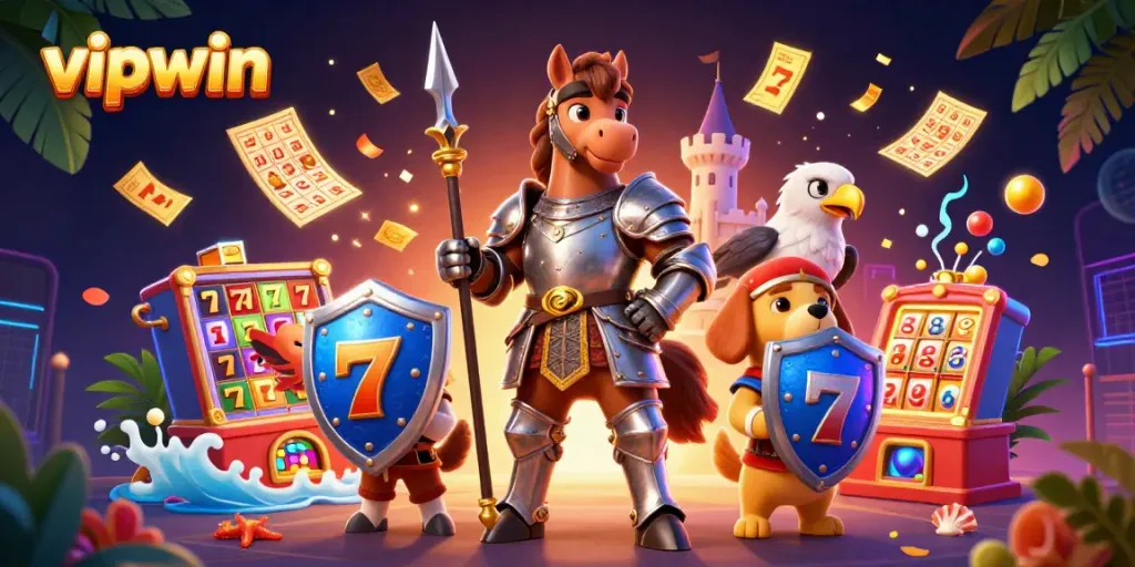Engage with vipwin through exciting casino games and thrilling jackpots, depicted in a vibrant 3D scene.