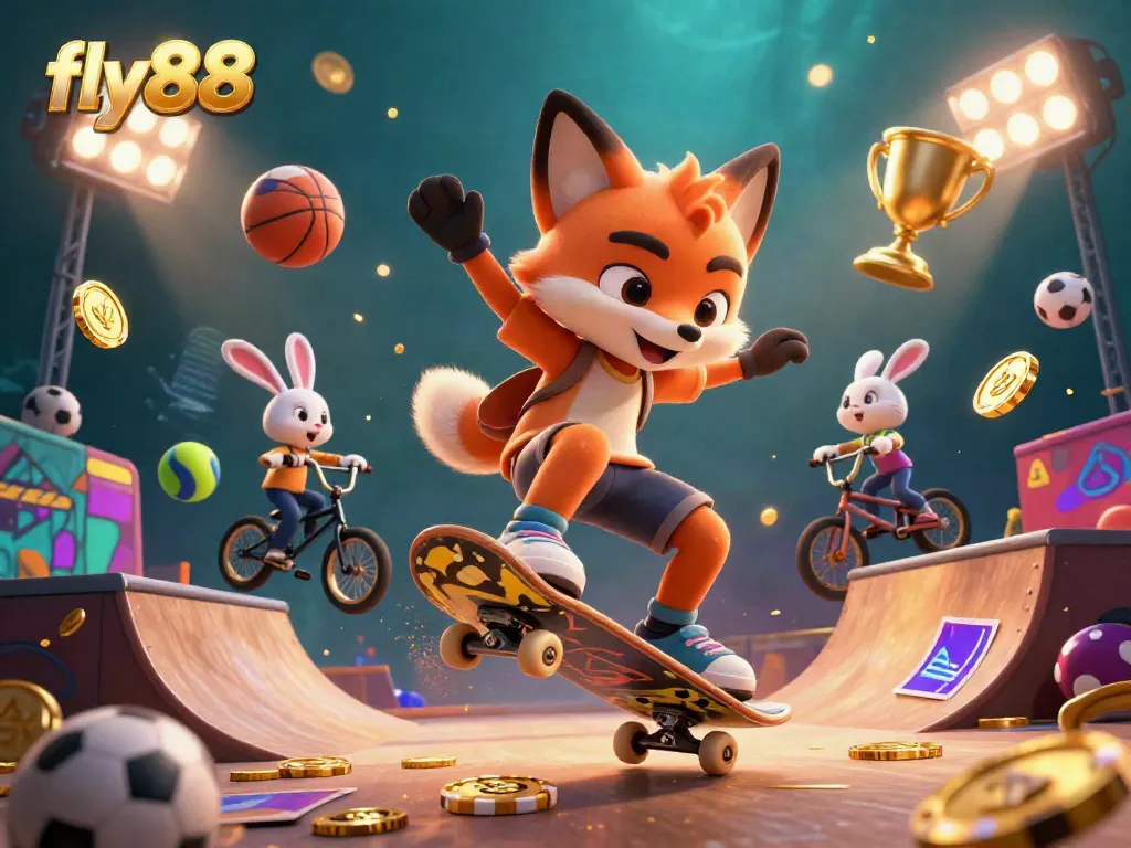 Engaging scene of fly88 with a skateboarder fox and BMX rabbit over poker chips, enhancing the casino experience.