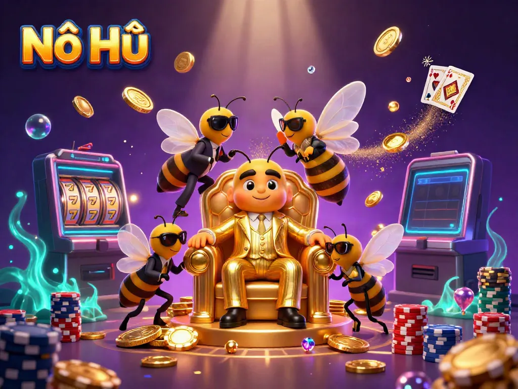 Nổ Hũ Casino: A buzzing 3D bumblebee mob boss surrounded by vibrant casino elements, vibrant and engaging illustration.