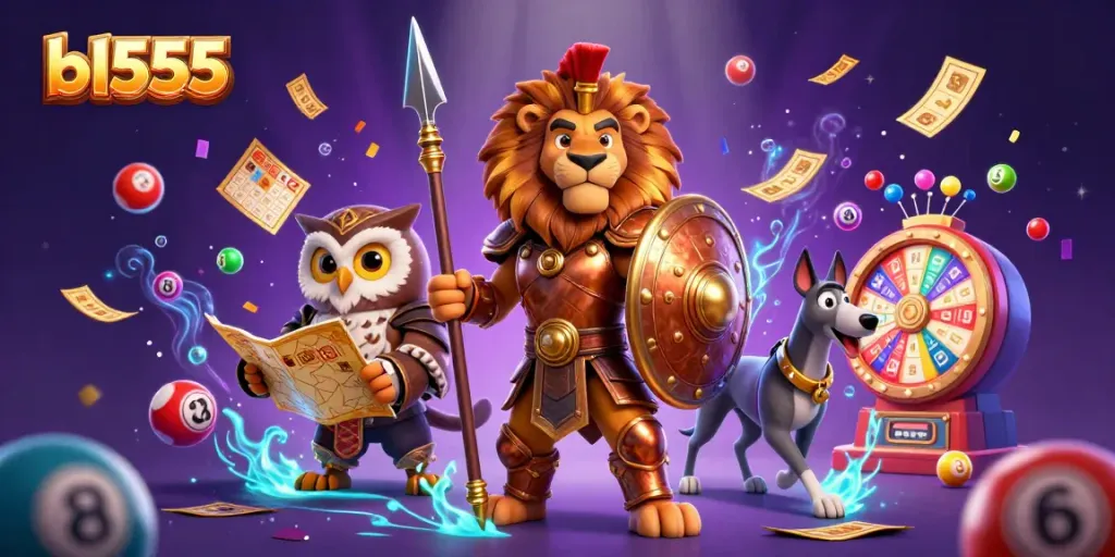 Experience the thrilling world of bl555 with a vibrant 3D casino scene filled with dynamic gaming elements.