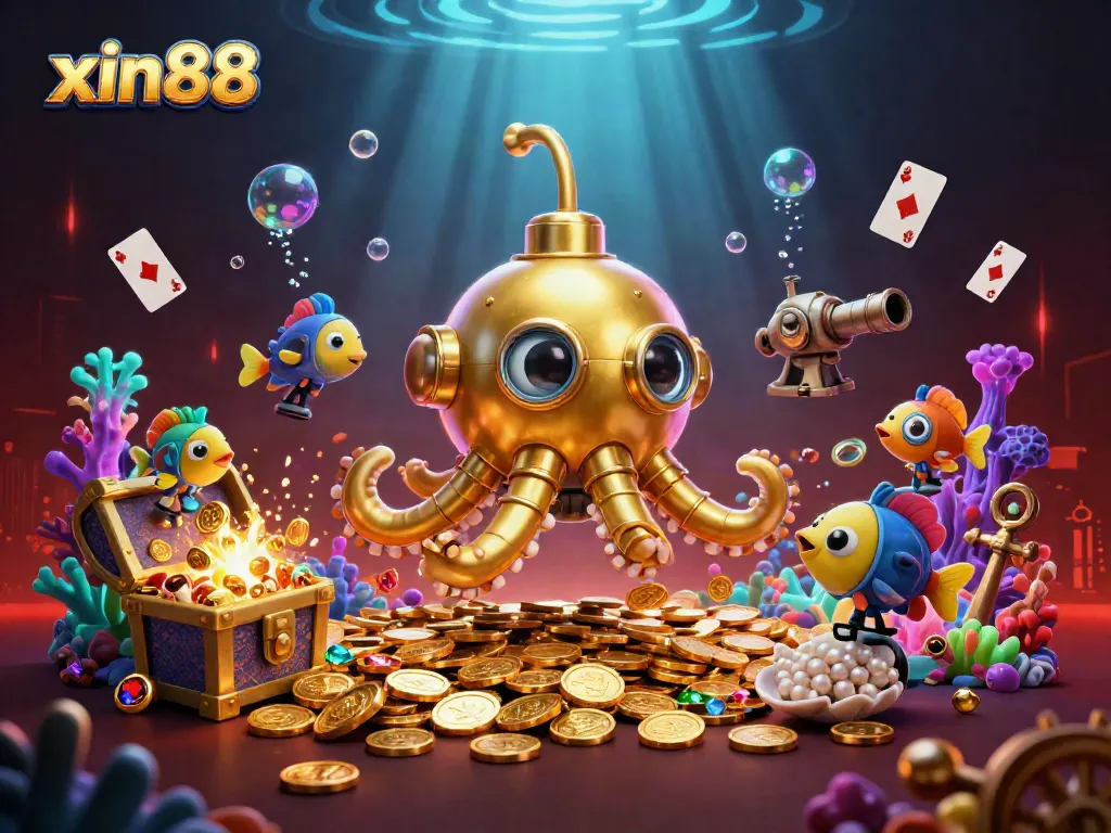 Experience excitement at xin88 with the golden kraken submarine amidst floating poker cards.