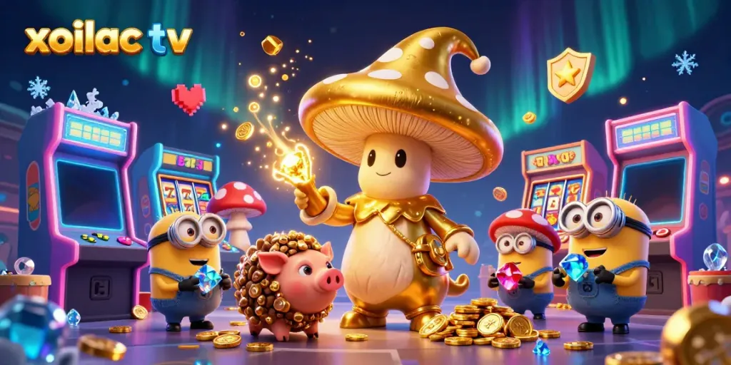 Xoilac TV offers exciting casino gaming with vibrant symbols and treasures.