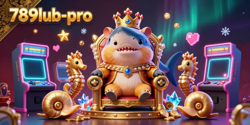 Experience thrilling games at 789lub-pro, featuring a vibrant scene with royal hamster king, arcade elements, and immersive casino technology.