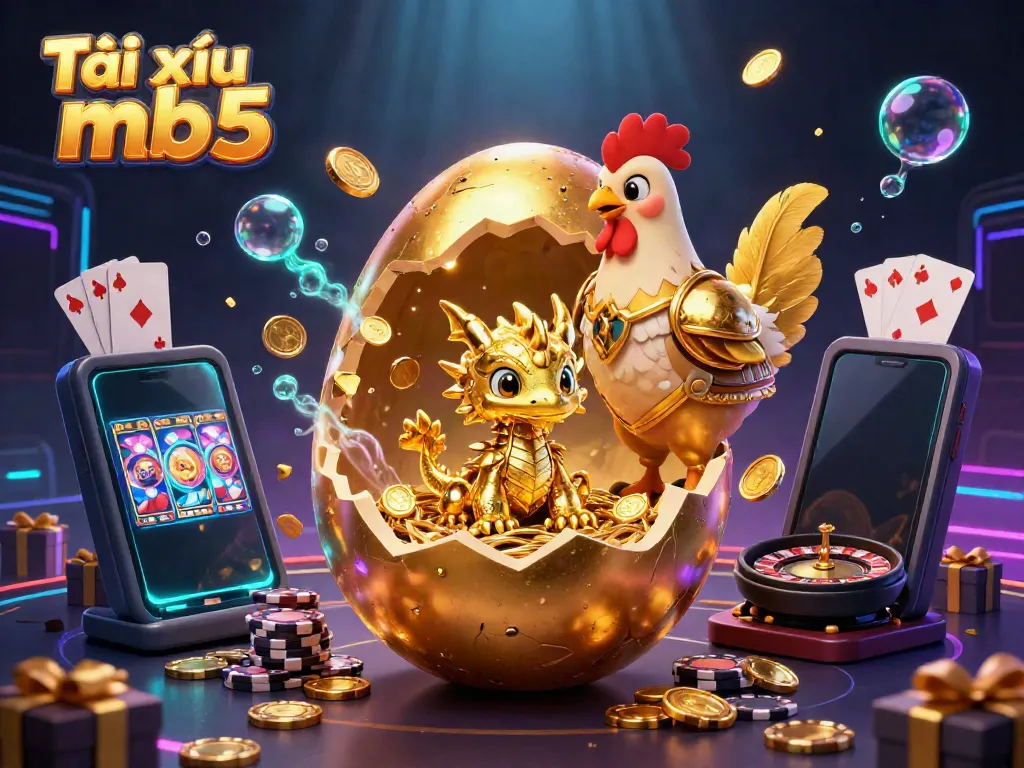 Tài xỉu mb5 features a golden egg and baby dragon in a dynamic casino scene.