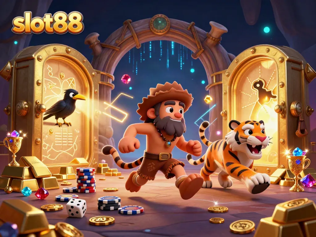 Experience thrilling gameplay at slot88 with a dynamic prehistoric casino featuring caveman and tiger.