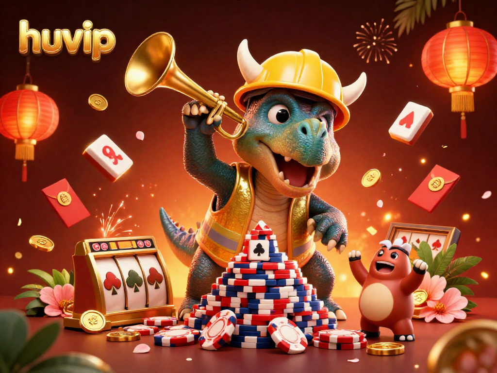 Experience the thrill at huvip with a dynamic scene of a triceratops and friends celebrating gaming wins surrounded by vibrant casino elements.