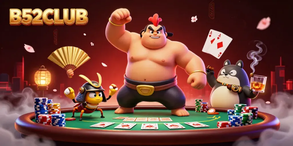 Experience the excitement of B52CLUB with a vibrant 3D scene featuring dynamic casino elements.