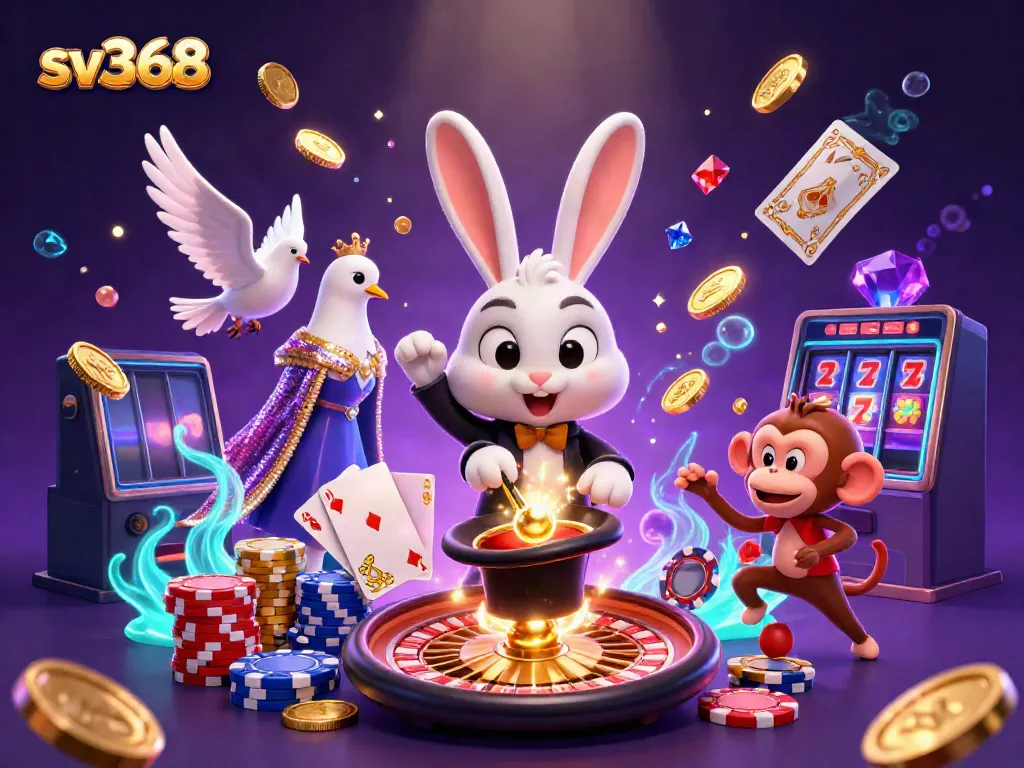 Engaging scene featuring sv368's magician rabbit pulling golden coins, a dove, and a monkey with dynamic casino elements.