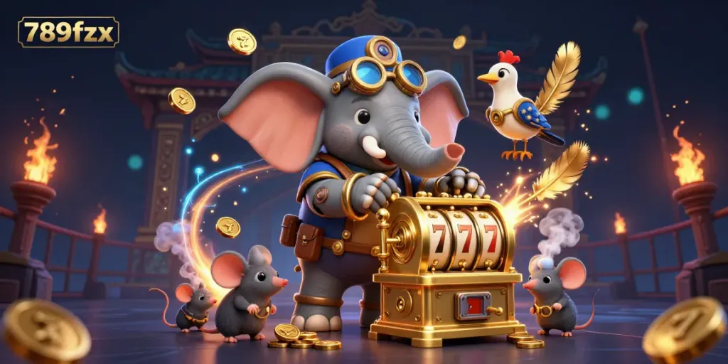 Experience the excitement of 789fzx slots with a steampunk elephant managing a golden slot machine.